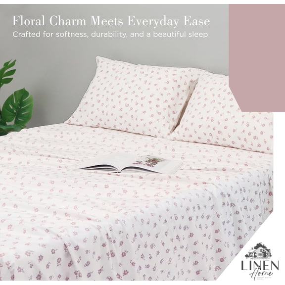 Cotton Percale Queen Sheet Set Deep Pocket 4 Piece Crisp Cool Mauve Floral