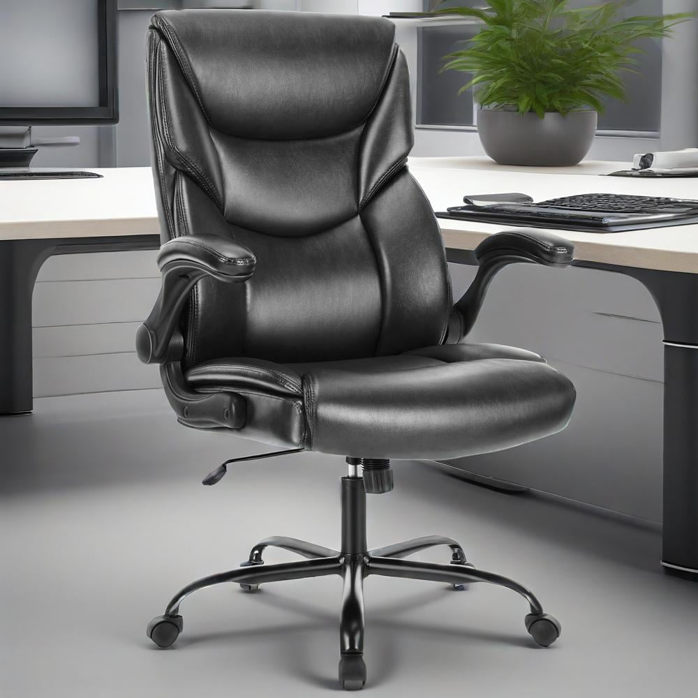 CONCETTA Leather Office Chair with Flip-Up Armrests, Black