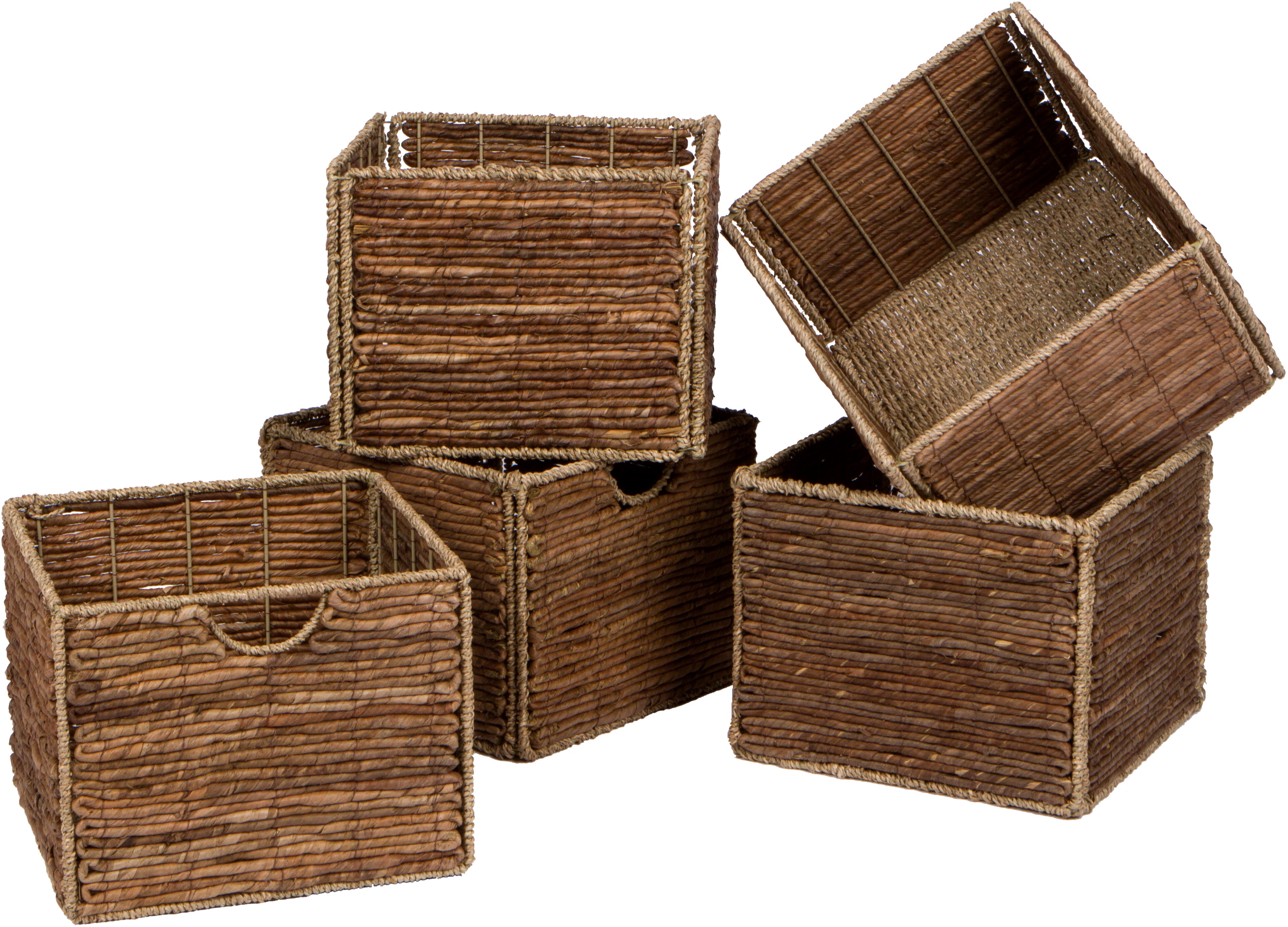 12.7 in Foldable Seagrass and Banana Leaf Storage Basket with Iron Wire Frame (Set of 4)