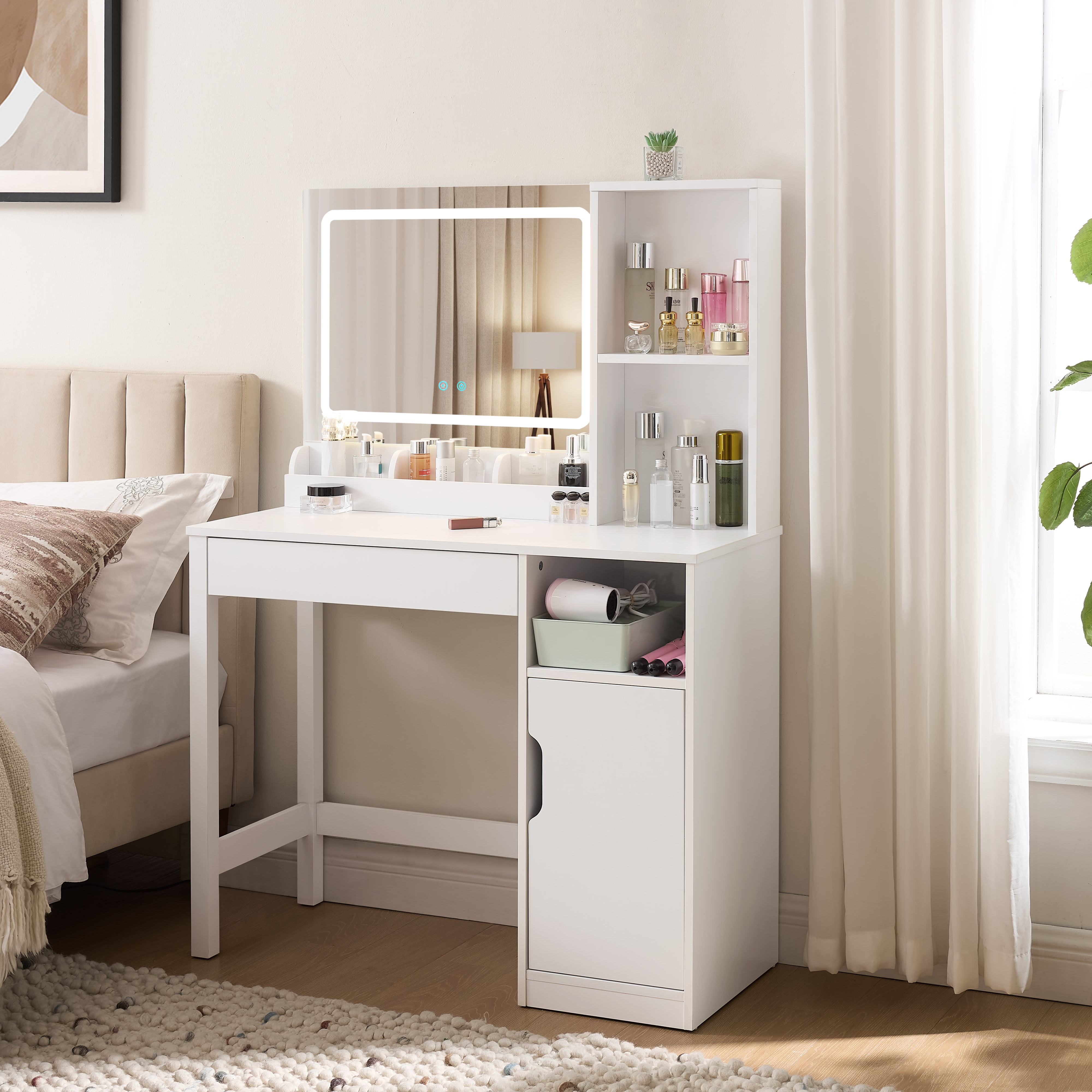Mainstays Get Ready with Me GRWM Vanity Table with Lighted Mirror and Storage, White Finish