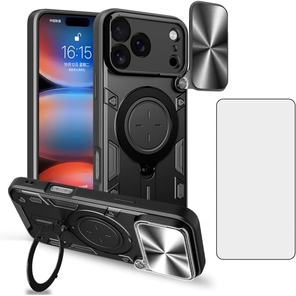 MUKO for iPhone 17 Pro Max case with 360Rotation Magnetic Ring Compatible with MagSafe Slide Camera Cover Foldable Stand Military-Grade Shockproof Protective case (Black, iPhone 17 Pro Max)