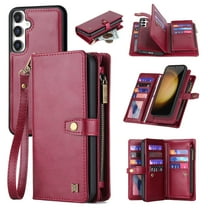 Wallet Case for Samsung Galaxy S22, 2 In 1 Detachable Magnetic Cover Multiple Cards Slots Zipper Pocket RFID Blocking Stand Hand Strap Protective Phone Case for Women Men, Red