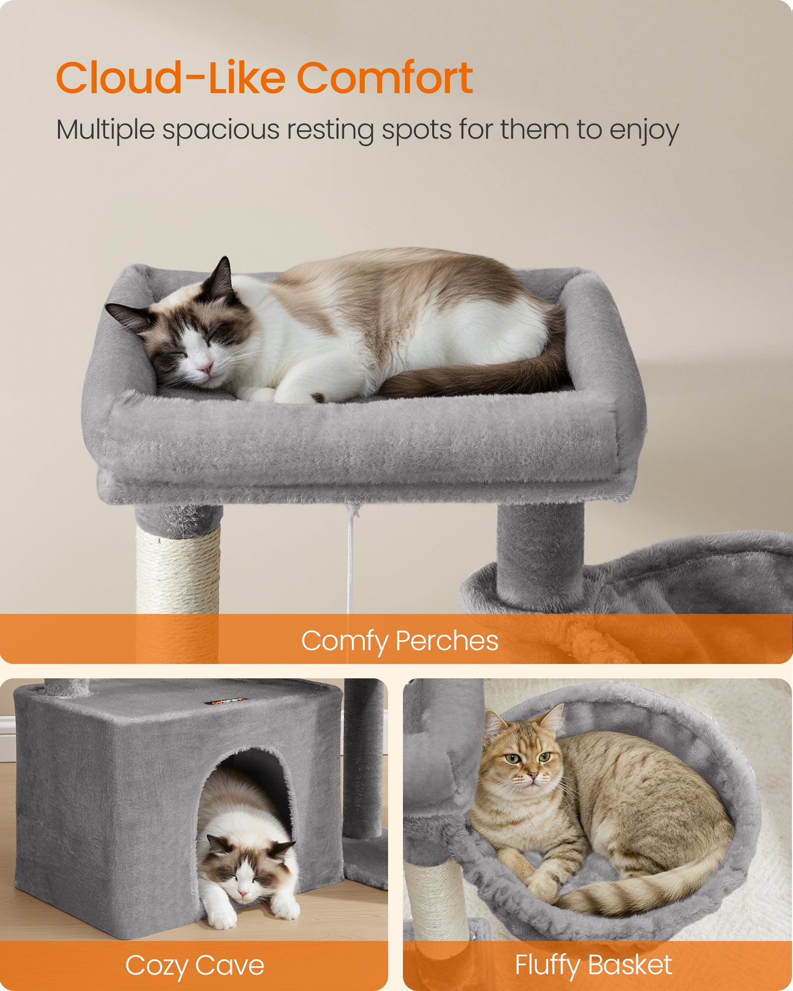 Feandrea Cat Tree, Cat Tower Condo with Scratching Posts and Ramp, 2 Large Perches, Cave, Basket, 33.8 Inches Tall, Dove Gray