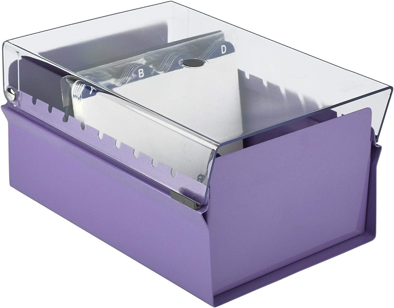 Acrimet 4 x 6 Card File Holder Organizer Box Metal Base Heavy Duty (AZ Index Cards and Divider Included) (Purple Color with Clear Crystal Plastic Lid Cover)
