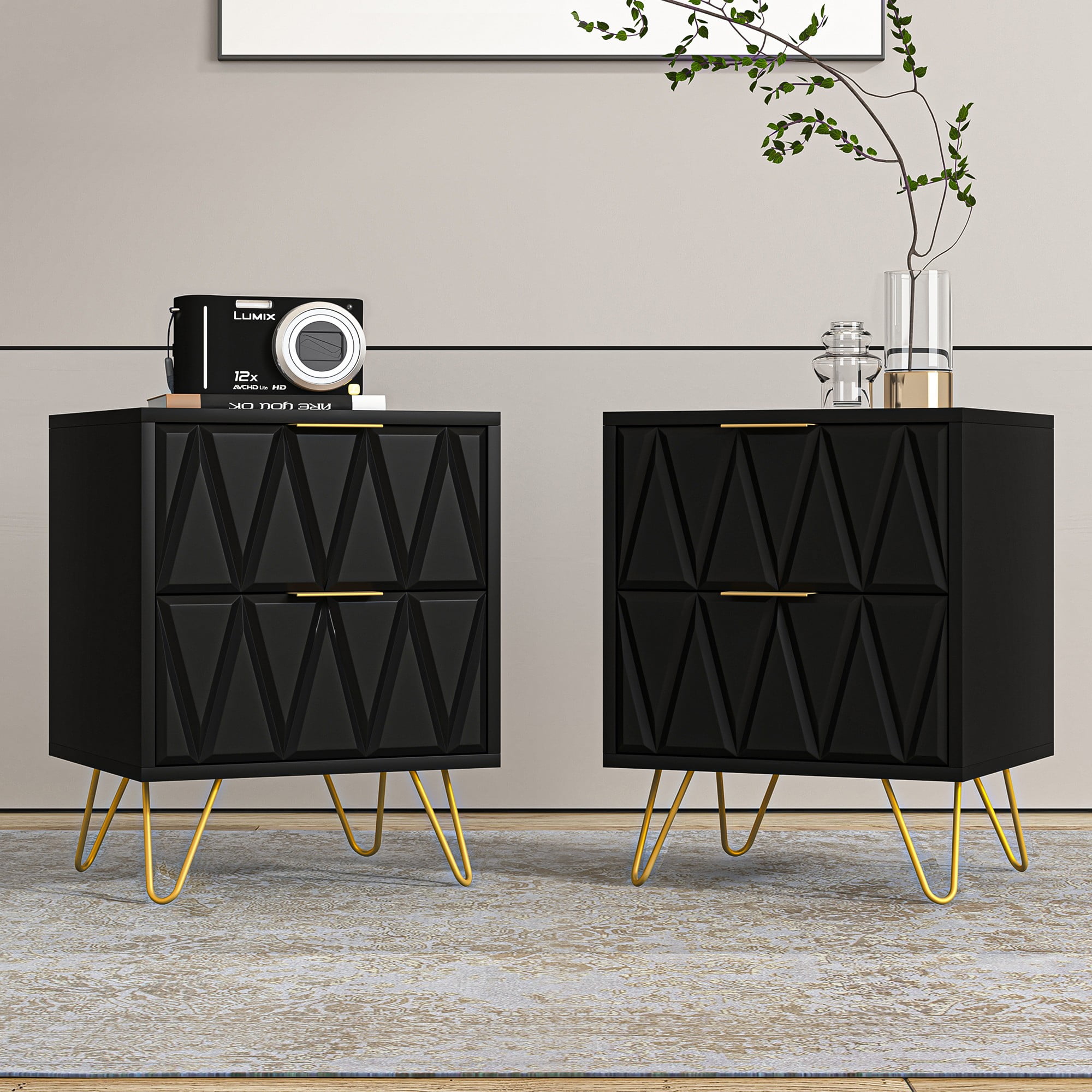 Finihen Nightstand Set of 2, End Table with 2 Drawers, Dual Night Stand with Metal Legs, 21" Tall for Bedroom Living Room, Black Finihen Nightstand Set of 2, End Table with 2 Drawers, Dual Night Stand with Metal Legs, 21" Tall for Bedroom Living Room, Black