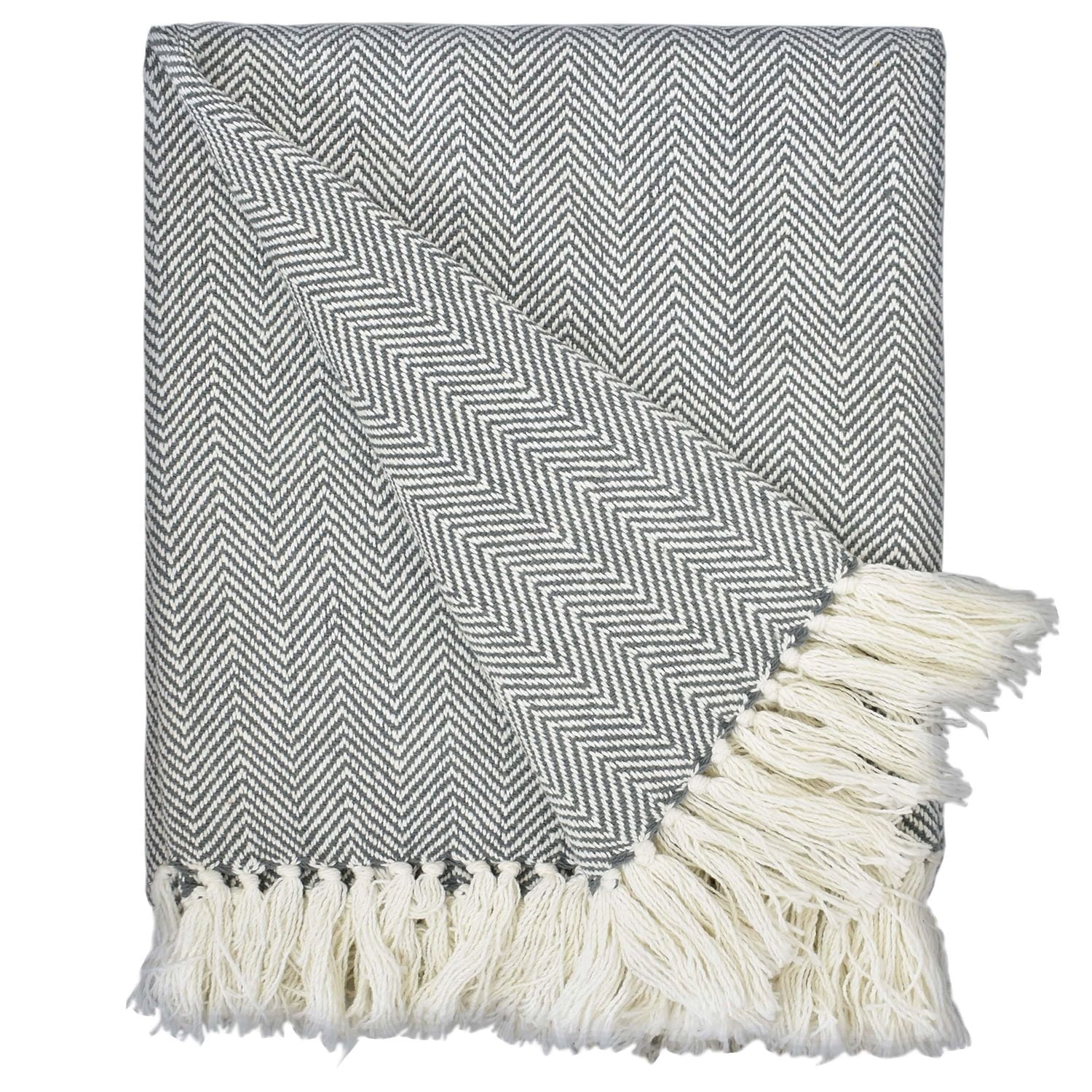 Fabstyles Herringbone Stripe Cotton Throw with Fringe, Lightweight Breathable Throw Blanket