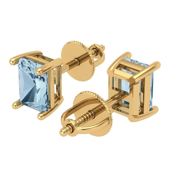 1 Ct Emerald Cut Studs Natural Sky Blue Topaz 14K Yellow Solid Solid Gold Everyday Dainty Earrings Screw Back