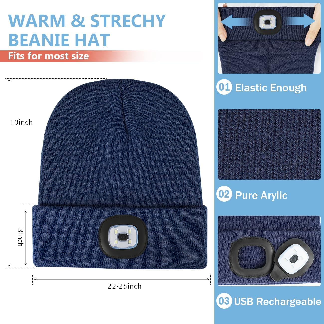 Unisex Hat with Light, 2 Pack USB Rechargeable Hands Free Headlamp LED Beanie,Gifts for Dad Father Men Husband Winter Warm Knitted Cap (Black & Navy Blue)