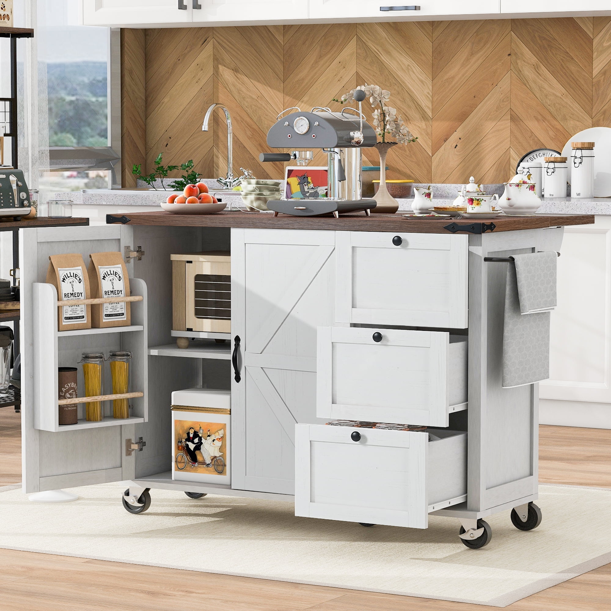 AENKYO 54.5" Farmhouse Kitchen Island with Power Outlet,Internal Storage Rack, Drop Leaf, Spice Rack, Rolling Kitchen Cart on Wheels, for Kitchen and Dining Room,White
