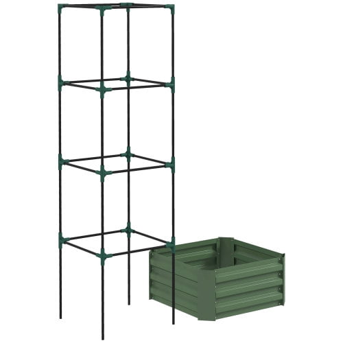 Auto Beyond Galvanized Raised Garden Bed, 24" x 24" x 11.75" Outdoor Planter Box with Trellis Tomato Cage and Open Bottom for Climbing Vines, Vegetables