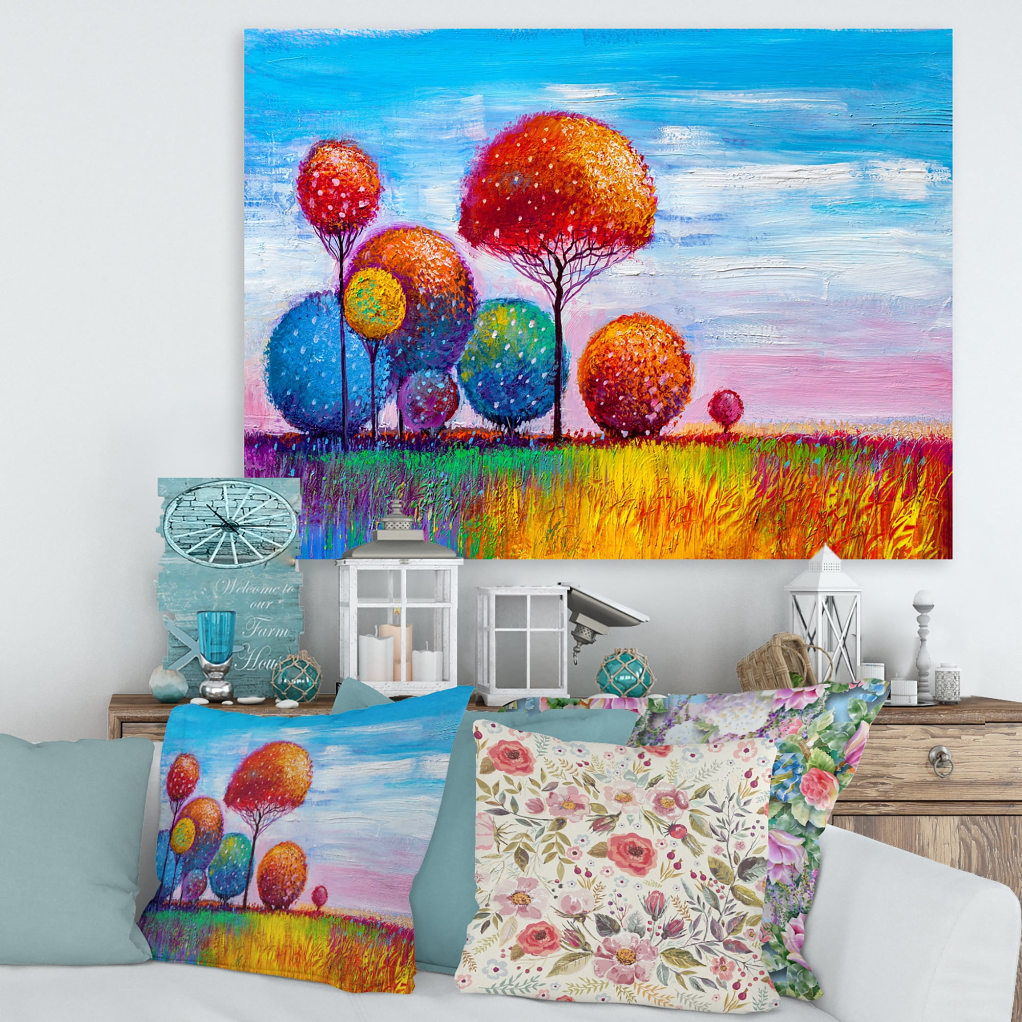 Designart ' Ornamental Colourful Trees IX ' Modern Canvas Wall Art Print