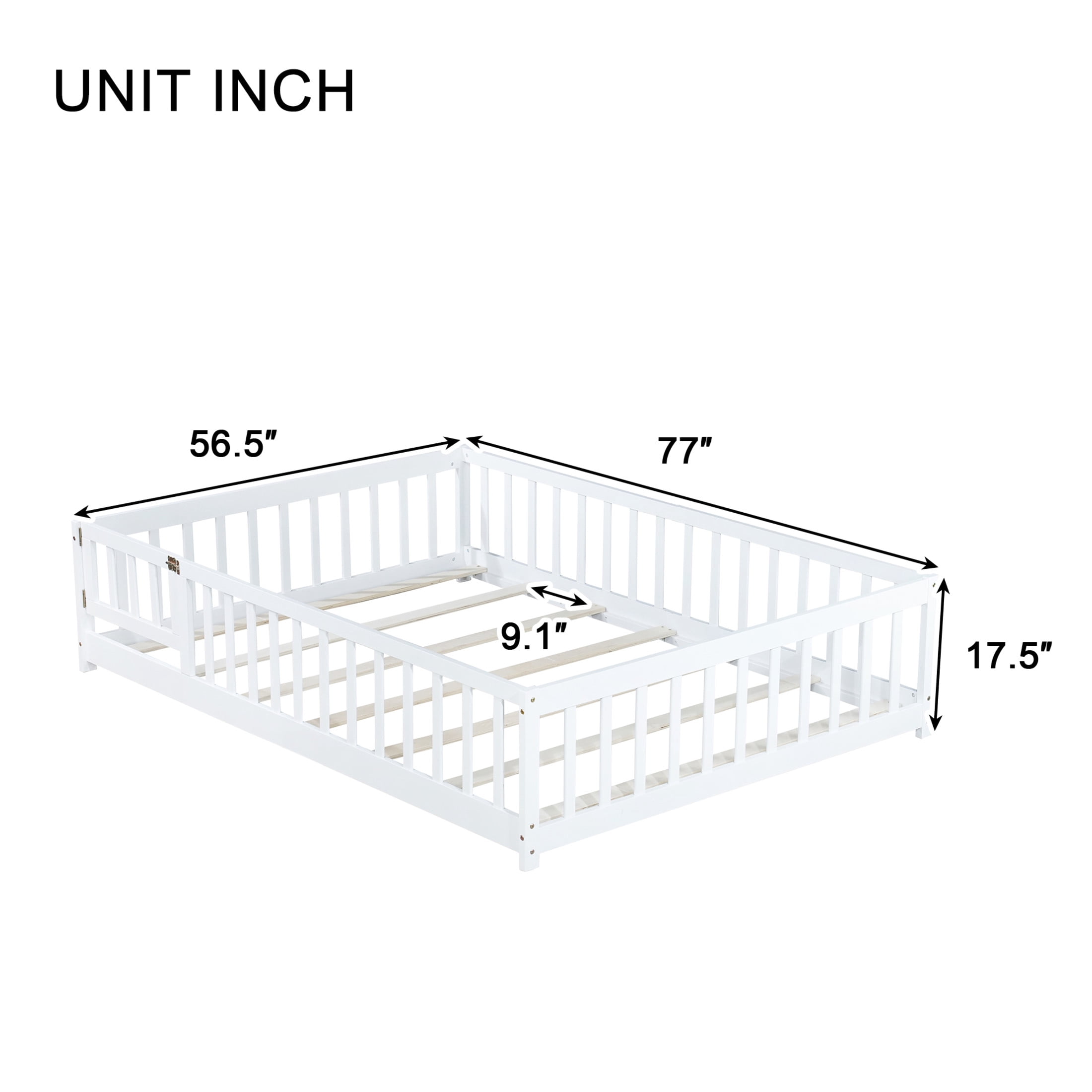 Noble House Mira Full Floor Bed with Fence and Door, Sturdy Rubber Wood Montessori Bed Frame, Kid's Room, White