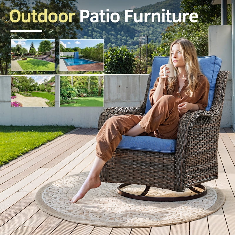 PARKWELL 3-Piece Patio Wicker Chairs Swivel Rocker Set,Outdoor High Back Swivel Glider Rocking Lounge Chairs with Side Table for Patio Deck Garden,Brown/Navy