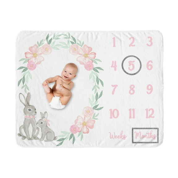 Sweet Jojo Designs Bunny Floral Pink Green and Grey Fleece Milestone Baby Blanket 3 Piece Set