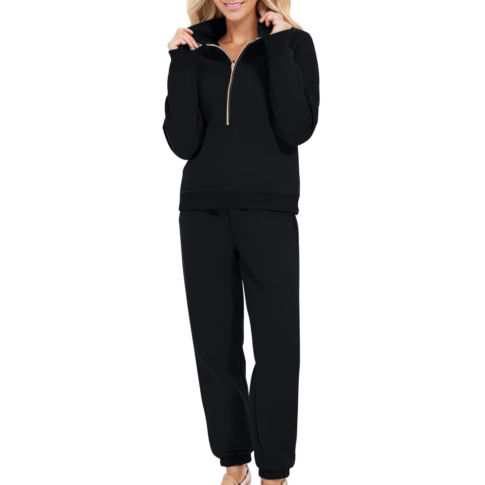 QATAINLAV Womens 2 Piece Outfits Long Sleeve Sweatsuits Sets Solid Casual Half Zip Sweatshirts and Joggers Sweatpants Fall Clothes Ofertas Flash Black 4XL