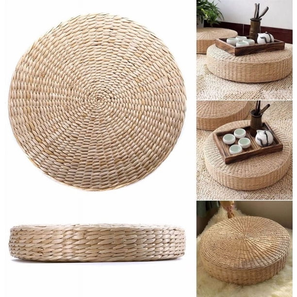 Nvzi Cojín de paja tejida redondo tipo puf, tatami, para silla, cojín para asiento de yoga, tapete de punto para suelo, decoración para jardín, comedor, hogar y exterior (40 cm x 6 cm)