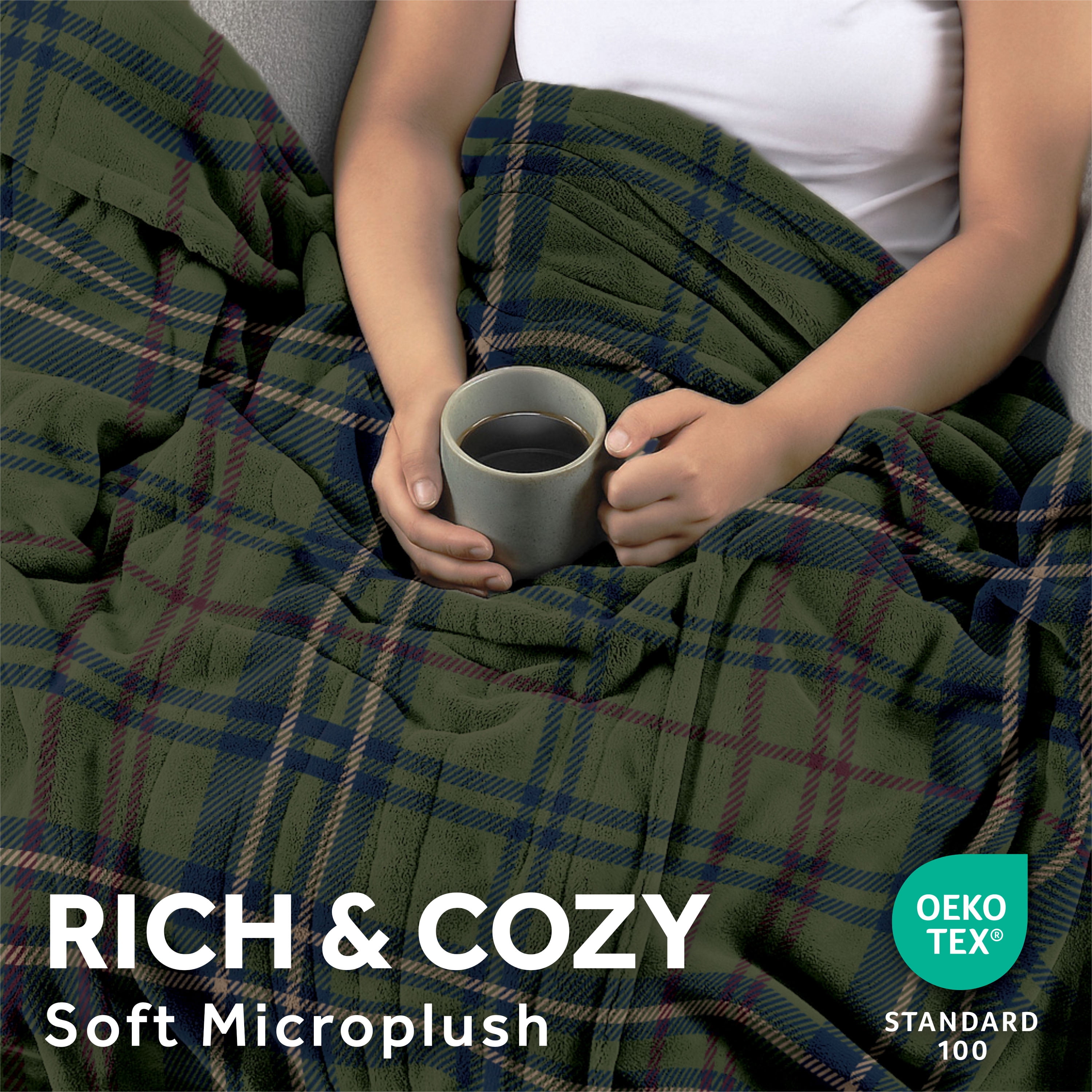 Sunbeam Heated Electric Microplush Throw Blanket, Green Vintage Plaid, 4 Heat Settings, 50 x 70 in