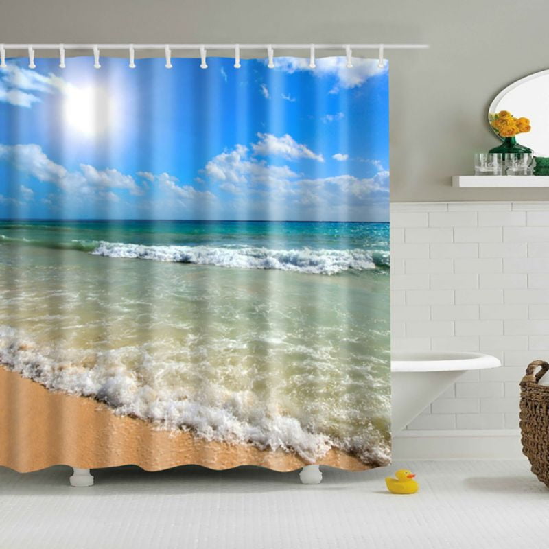 Beautiful Tropical Beach Bathroom Shower Curtain Set Home Fabric 12 Hook 71" 