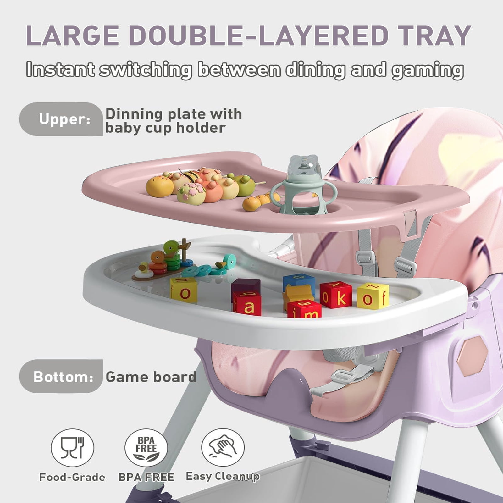 JieC Baby High Chair, 4 in 1 Convertible Highchair for Babies & Toddlers, Double Tray Dining Chair with 5-Point Harness & Silent Wheel,Pink Purple