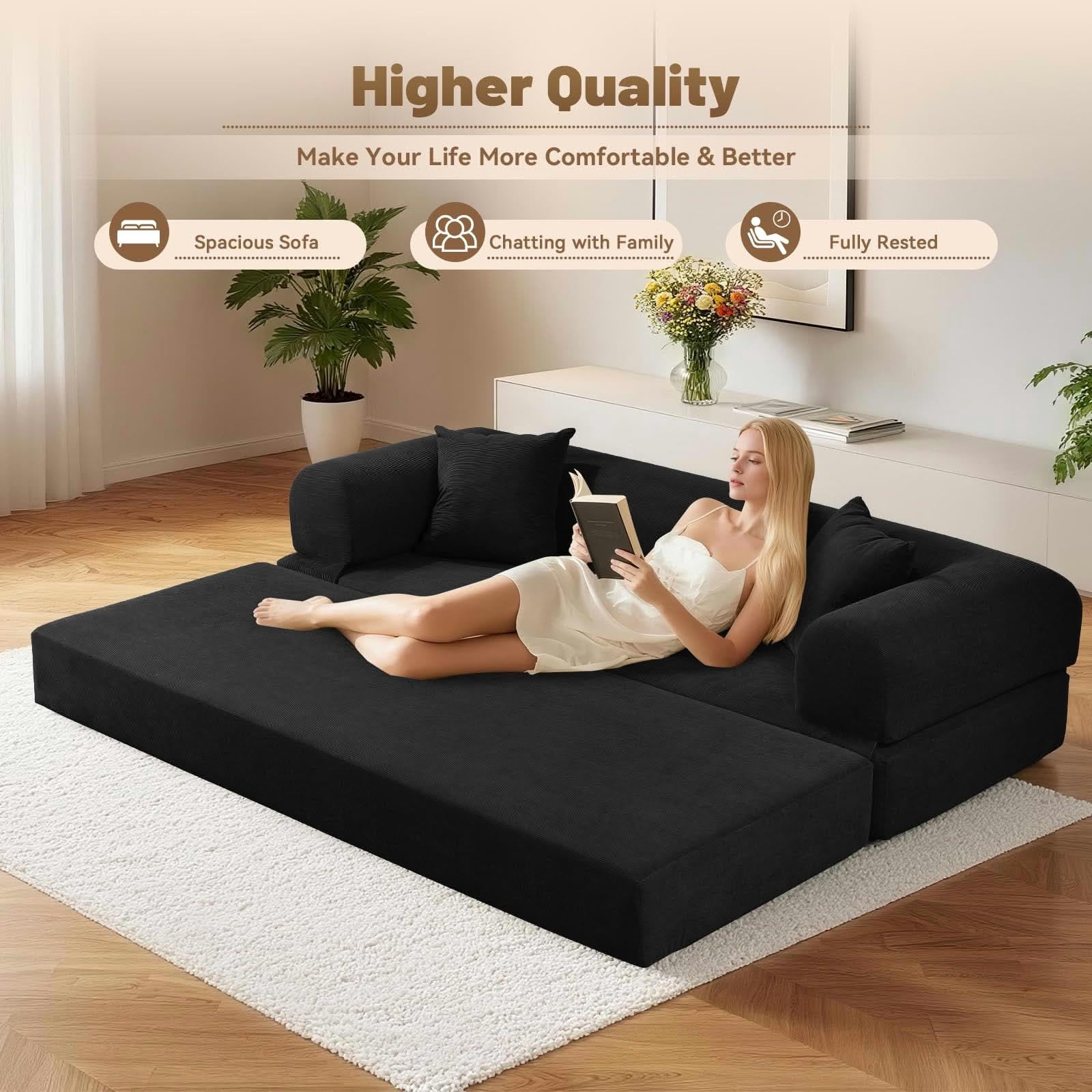 MAYEERTY 80" Dark Gray Corduroy Convertible Sofa Bed, 600lbs Queen Size Fold Out Sleeper Couch with Storage & No Assembly for Living Room