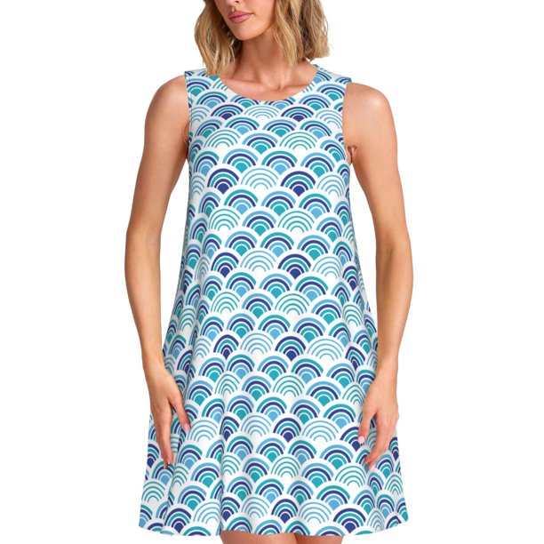 Fotbe Blue Fish Scale Texture Vestido de Verano sin Mangas para Mujer – Vestido Midi Línea A, Estilo Camiseta Floral, Vestido Playero Casual y Fluido