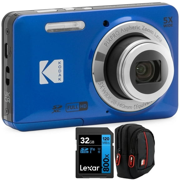 Kodak PIXPRO FZ55 Digital Camera, Blue Bundle with Lexar 32GB High-Performance 800x