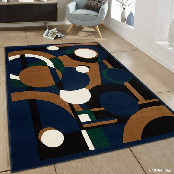 Allstar Navy Area Rug. Contemporary. Abstract. Traditional. Formal. Shapes. Spirals. Circles (5' 2" x 7' 1")