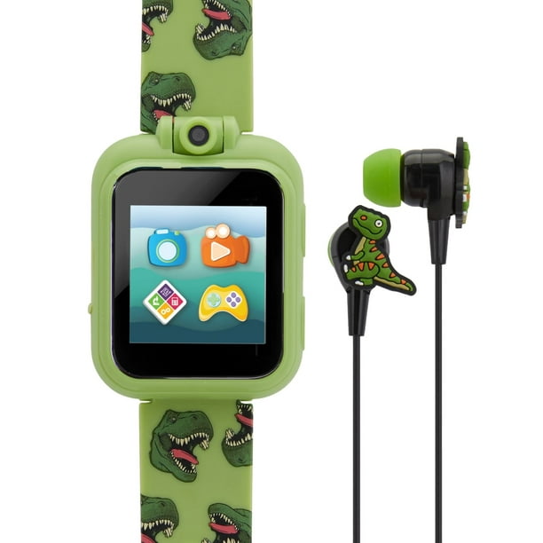 iTech Junior Boys Earbuds & Smartwatch Set Green Dinosaur Print
