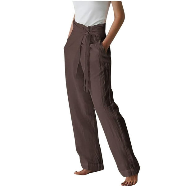 Pantalones Para Mujer Pantalones de Lino Ocio Color Sólido Cintura Alta Algodón Lino Pantalones de Pierna Ancha Pantalones de Cintura Elástica Odeerbi ODB146115