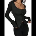 thumbnail image 2 of Camisas de Larga para Mujer, Camisetas con Cuello Redondo y Botones con Lazo, Blusas Estéticas para Salir Negro L, 2 of 10
