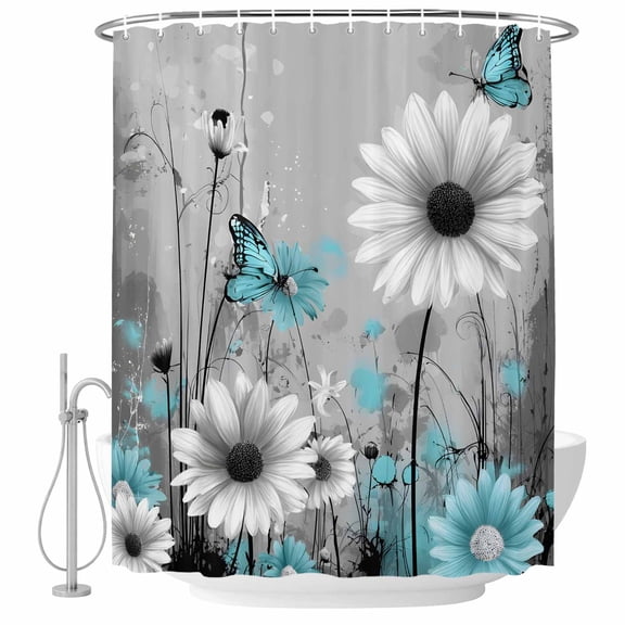 Teal White Daisy Shower Curtain Set - Long 72" x 84" Washable Bathtub Curtain with 12 Hooks, Elegant Floral Grey Abstract Aesthetic Waterproof Fabric Stall Shower Curtains for Bathroom/Bathtub Décor