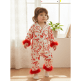 thumbnail image 4 of BemeyourBBs Newborn Baby Girl Silk Satin Pajamas Christmas Valentines Outfit Bow Print Romper Pjs Long Sleeve Feather Trim Button Down One-Piece Sleepwear Jumpsuit, 4 of 9