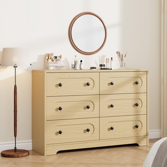 Mid-Century 6-Drawer Wood Dresser with Metal Knobs, Walnut Storage Chest for Bedroom Living Room