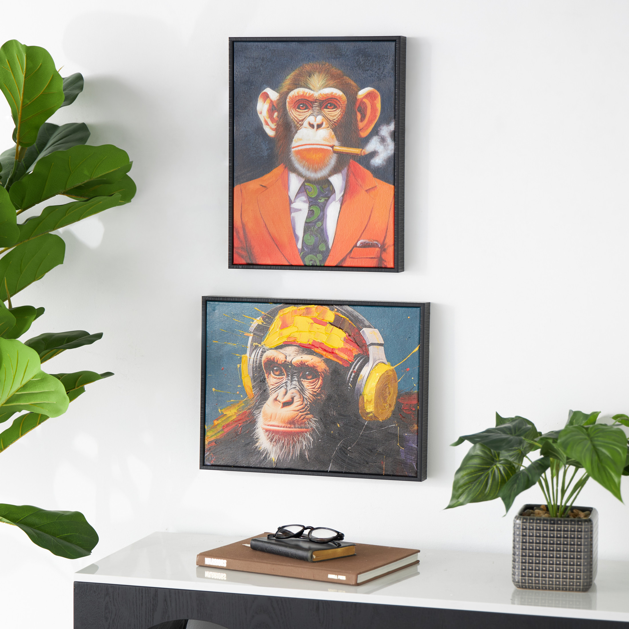 13" x 17" Business Monkey Framed Wall Art with Cigar and Headphones, by DecMode (2 Count)