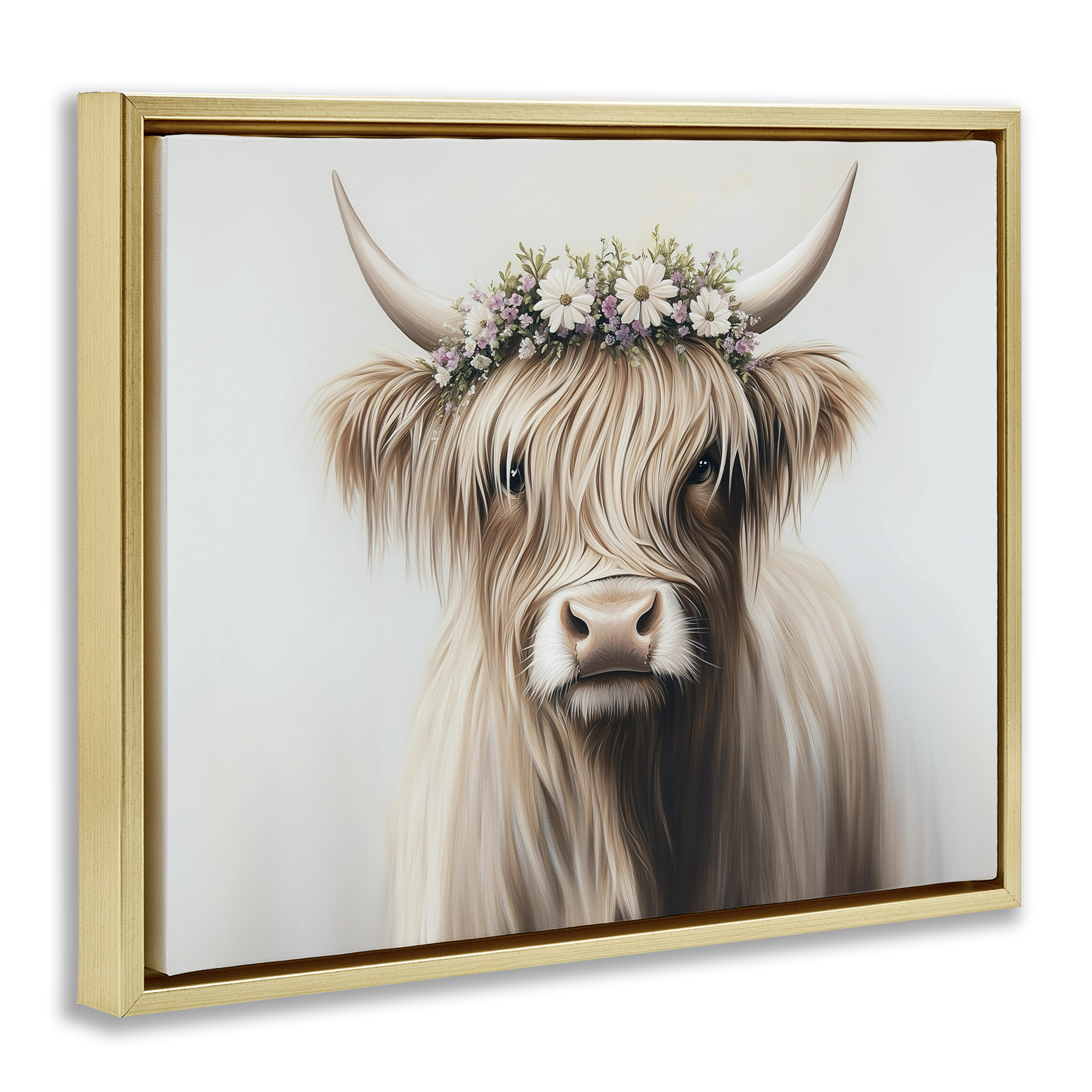 Shaggy Cattle Floral Crown Gold Framed Floater Canvas Wall Art, design by Shawna Stewart
