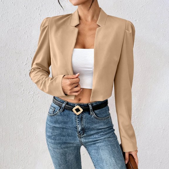 Kilaqueen Cropped Blazer for Women Puff Long Sleeve Open Front Flat Lapel Collar Bolero Blazers Casual Work Office Business Dressy Cardigan Suit Jacket