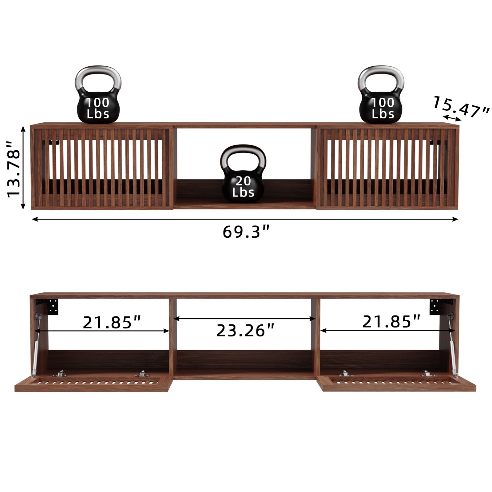 Hommpa Floating TV Stand for 65/75/80 inch TV, Mid Century Modern Wall Mounted TV Console with Storage Shelf & 2 Slatted Doors, Media Console Entertainment Center for Living Room, Bedroom,Walnut