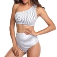 thumbnail image 1 of Traje de baño de un solo hombro para mujer, tankini, conjunto de bikini de cintura alta, traje de baño de 2 piezas con efecto push up, a rayas, 1 of 7