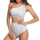 thumbnail image 1 of Traje de baño de un solo hombro para mujer, tankini, conjunto de bikini de cintura alta, traje de baño de 2 piezas con efecto push up, a rayas, 1 of 7