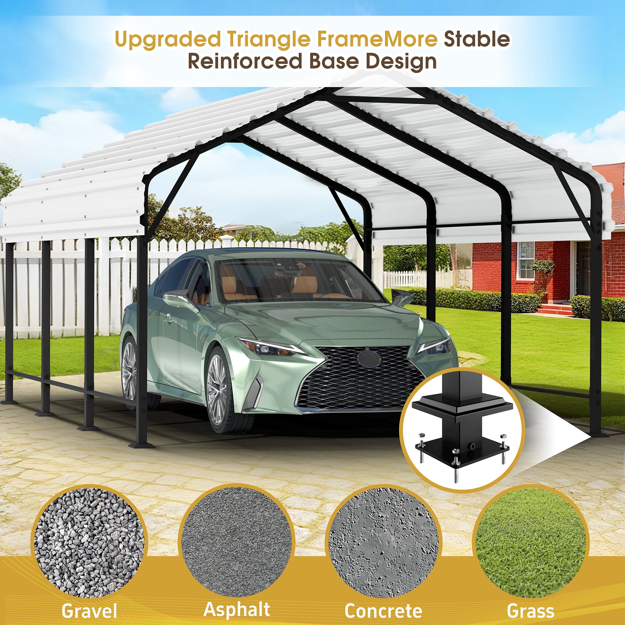 Walsunny 12X15ft Steel Carport, Outdoor Heavy Duty Carport Canopy with Galvanized Steel Roof, Metal Carport Extra Large Garage Car Storage Shelter, White