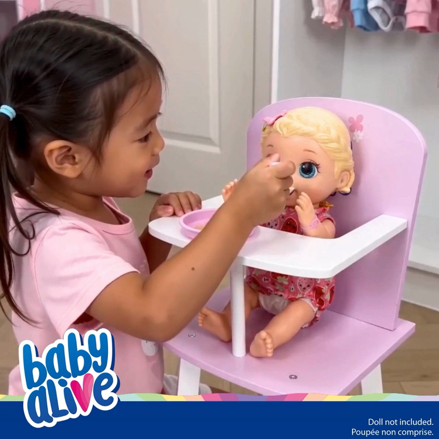 509 Crew: Baby Alive - Wooden Doll High Chair - Pink-White-Purple, Secure Seating, Doll & Plush Feeding Accessory, Nurturing Roleplay Toy, Kids 3+