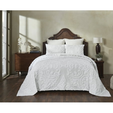 Better Trends 3 Piece Full/Double Bedspread Set 100% Cotton Tufted Floral Vineyard Pattern Soft & Luxurious Feel, Machine Washable (White) Rylee Collection