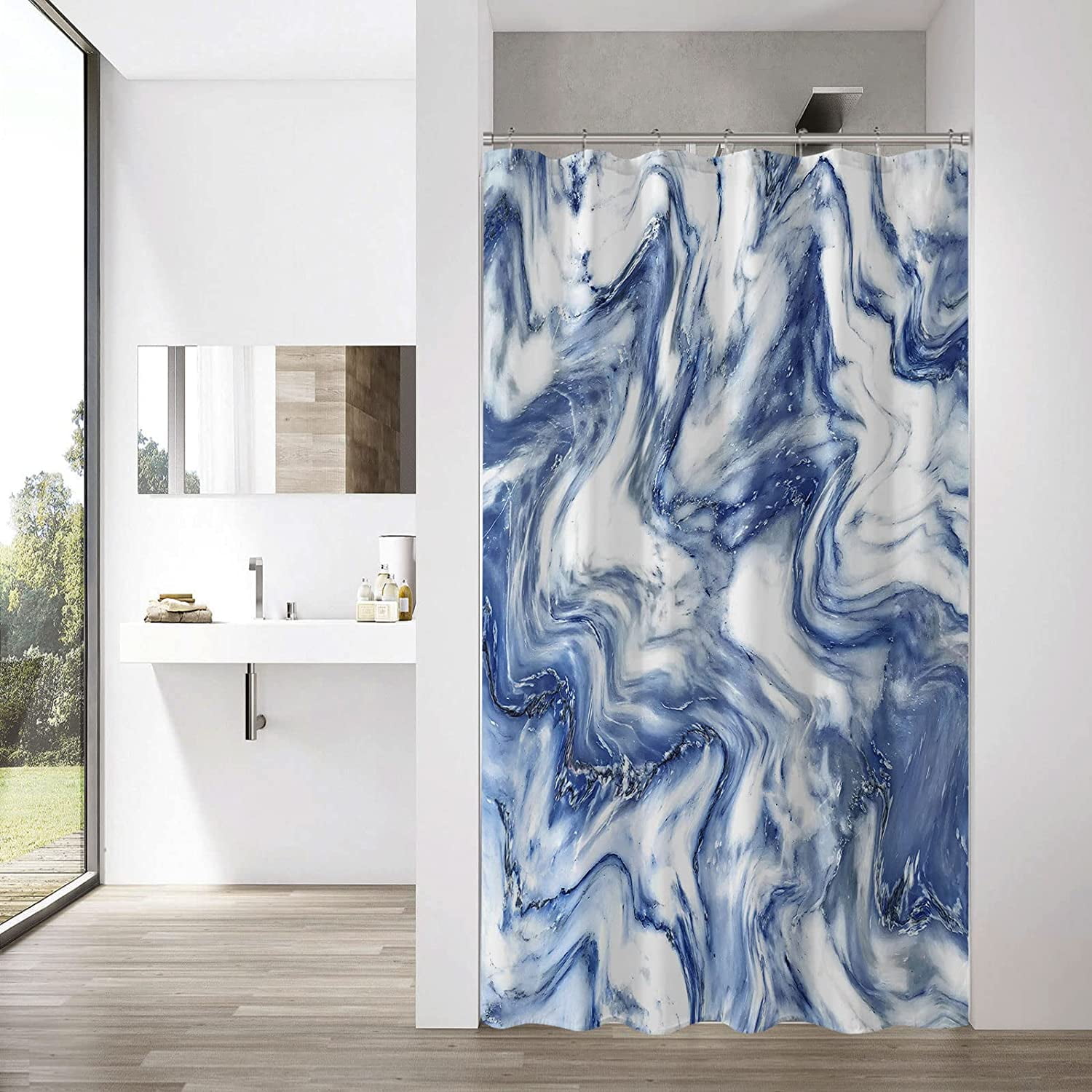 Small Stall Shower Curtain 36 x 72, Navy Blue Marble Half Size Shower Curtain, Modern Abstract