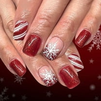 Christmas Press on Nails Medium Square Fake Nails with Christmas Hats Design Red White Lines Curve Glue on Nails White Snowflake False Nail Reusable Holiday Stick on Nail for Women Manicure 24Pcs