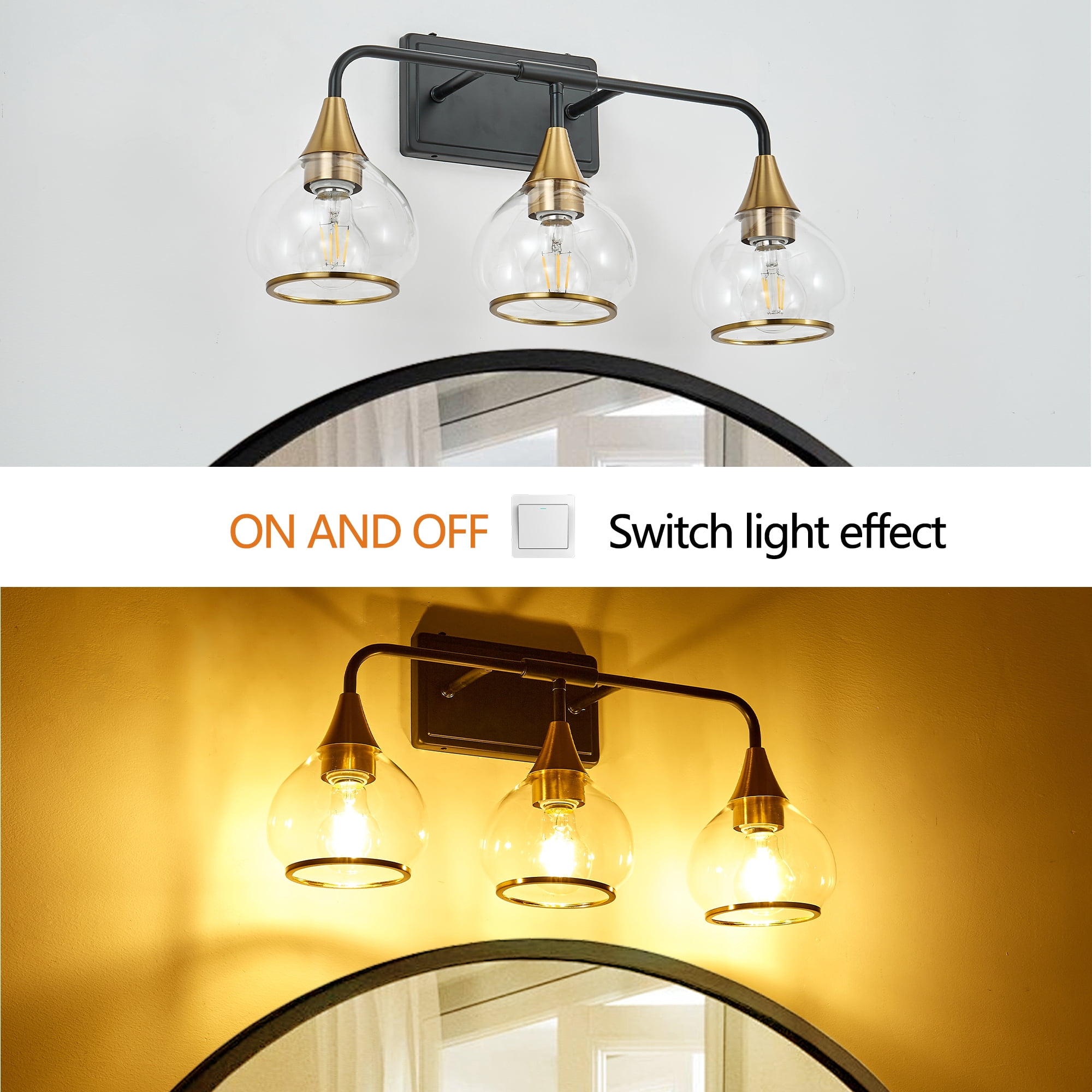 Art Deco 3-Light Vanity Light Fixture,  Bathroom Wall Sconce with Clear Glass Shades, Black and Gold, 23 Inch Modern