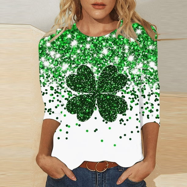 TaTaai Women St. Patrick's Day Green Print Crew Neck 3/4 Sleeve T-Shirt Loose Casual Top Ladies Spring Holiday Street Wear Lightweight Breathable Non-See-Through No Fading Soft Top Gift