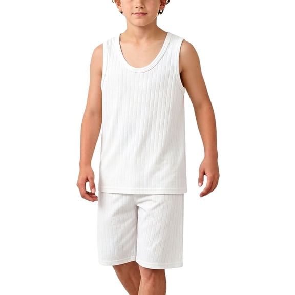 ITSAME Boys Outfits 2-Piece 100%Cotton Scoop Neck Tank and Shorts Loose Fit Casual Home Clothes Set White Size 5-6
