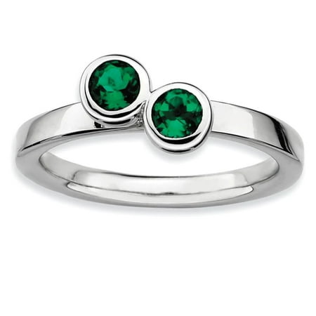 Sterling Silver Dbl Round Created Emerald Ring