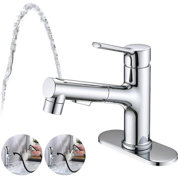 Bathroom Sink Faucet with Pull Out Sprayer, Single Handle Modern Bathroom Basin Faucet with Pop-up Sink Drain Stopper & Deck Plate 1 or 4-inch Centerset 3 Hole, Chrome