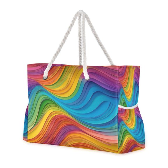 Nylon Beach Tote Bag 20.5"x15" Lightweight Carryall for Pool, Travel & Baby Essentials Rainbow Wavy Lines